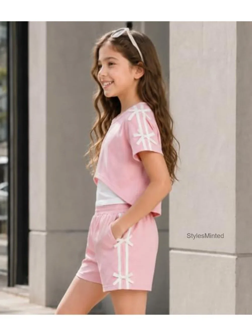 Girls 3 Piece Outfit Crop Top Cami Tank Shorts Bow Knot Summer Set Cotton Blend